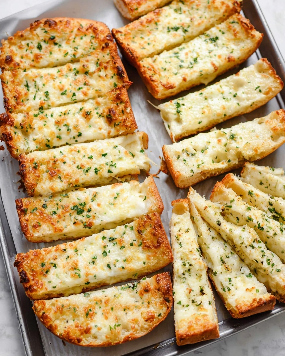 The image shows several slices of garlic cheese bread on a silver baking tray placed on a white marbled surface. Each piece has a thick golden-brown crust and is topped with melted white cheese that is slightly browned on top. The cheese layer is sprinkled with small green herb bits, evenly spread across the surface. The bread slices are arranged neatly in two rows, with some pointing horizontally and others diagonally, revealing the soft, light yellow inside of the bread. The texture of the crust looks crispy, and the melted cheese appears smooth and creamy. photo taken with an iphone --ar 4:5 --v 7