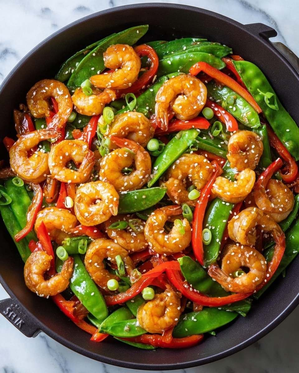 A round black pan filled with three main layers: the bottom layer is glossy green snow peas with a smooth texture, scattered unevenly; on top of that are long, thin strips of bright red bell pepper with a slightly shiny surface; the top layer consists of medium-sized, curled orange shrimp, glistening with light seasoning and arranged evenly throughout. Small pieces of green onion and white sesame seeds are sprinkled on top, adding small dots of color. The pan is placed on a white marbled surface. photo taken with an iphone --ar 4:5 --v 7