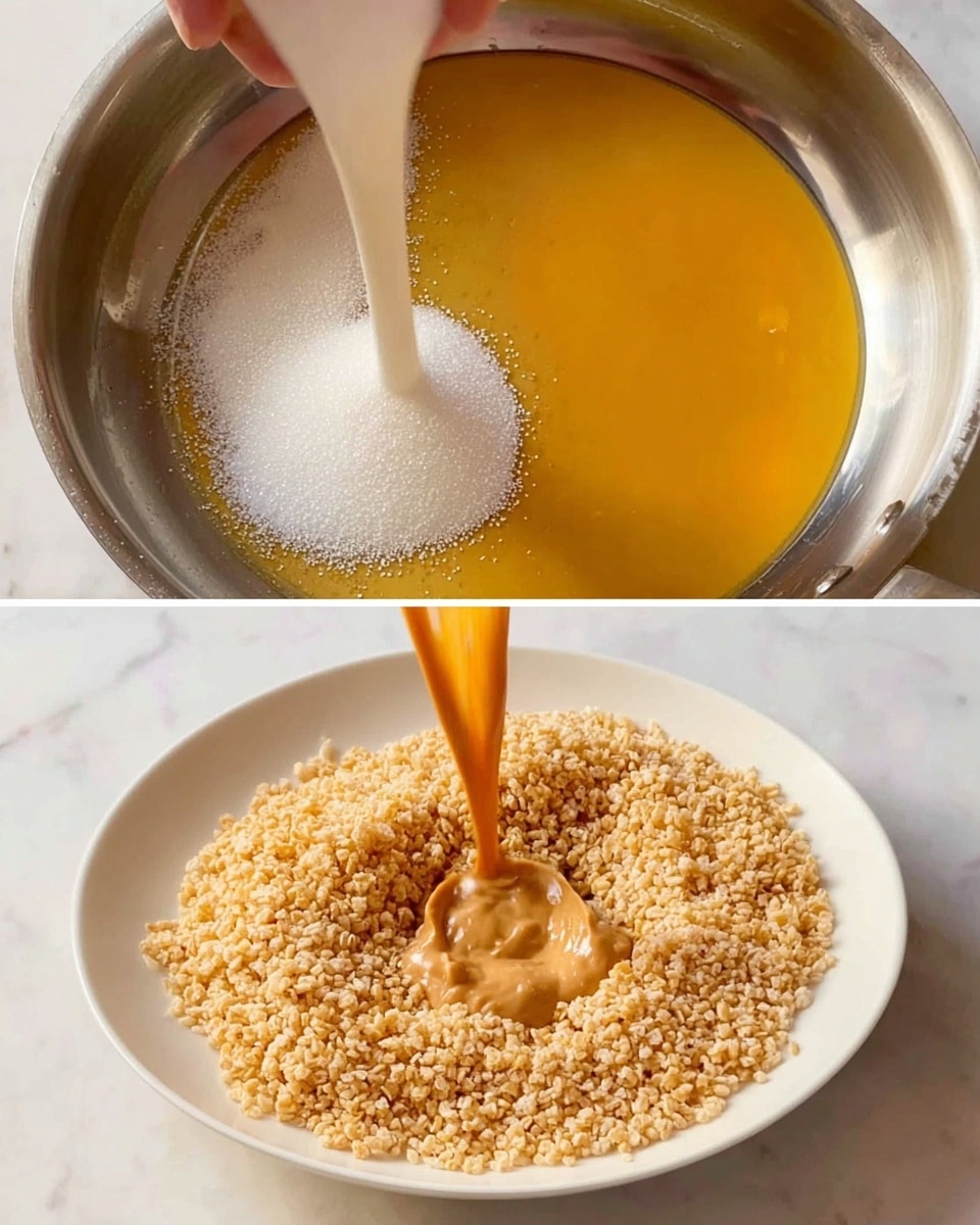A tray with several white cupcake liners filled with crispy golden rice cereal, each liner showing the light, airy texture of the cereal. In the second image, a white cupcake liner filled with the golden crispy rice cereal sits in a dark baking tray, while a stream of melted smooth, shiny brown chocolate is being poured slowly over it, covering the cereal layer. The scene is set on a white marbled surface. Photo taken with an iphone --ar 4:5 --v 7