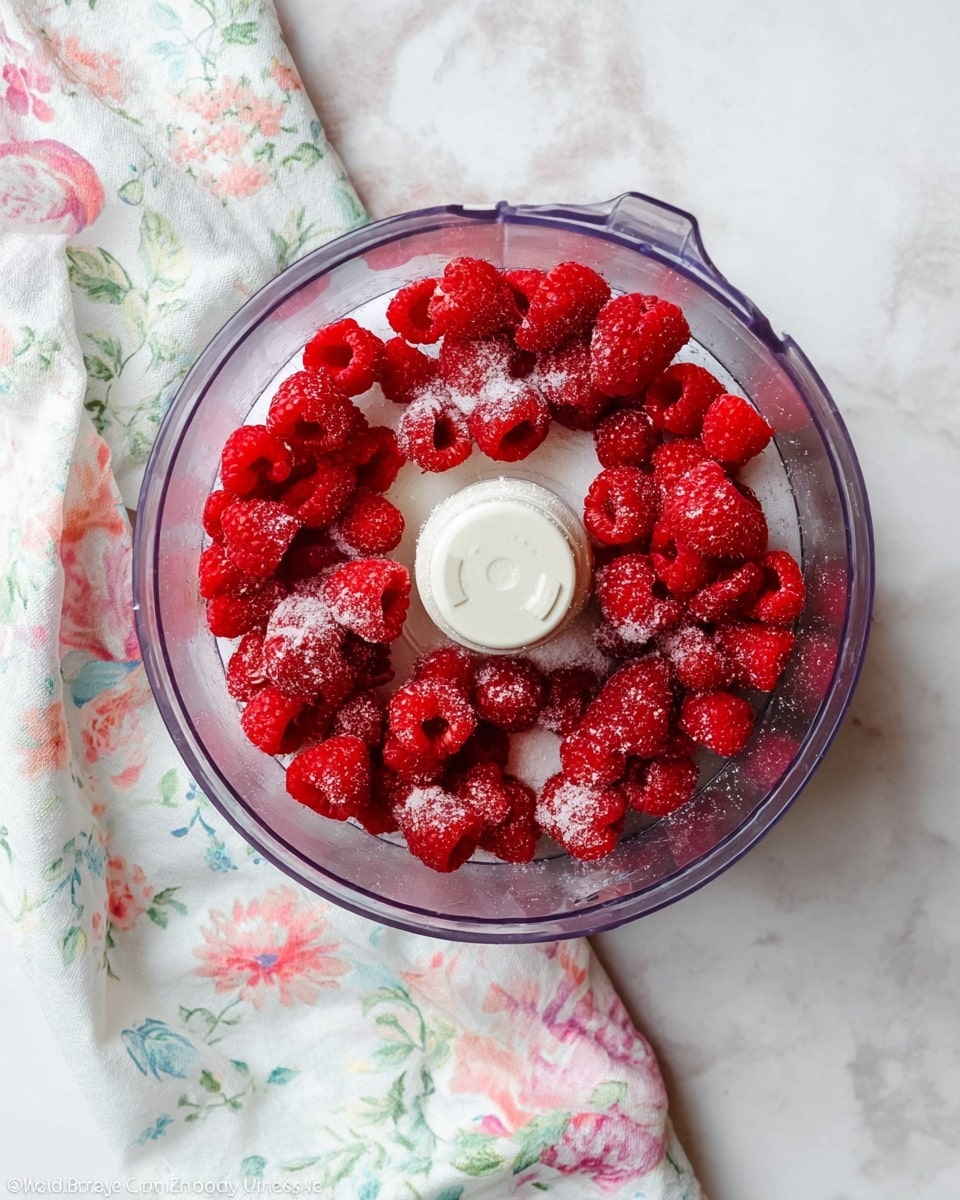 A clear food processor bowl filled with bright red raspberries arranged in a ring around the center blade, sprinkled with white granulated sugar on top of the berries. The food processor is placed on a white marbled surface with a light-colored cloth showing a pastel floral pattern lying next to it. photo taken with an iphone --ar 4:5 --v 7