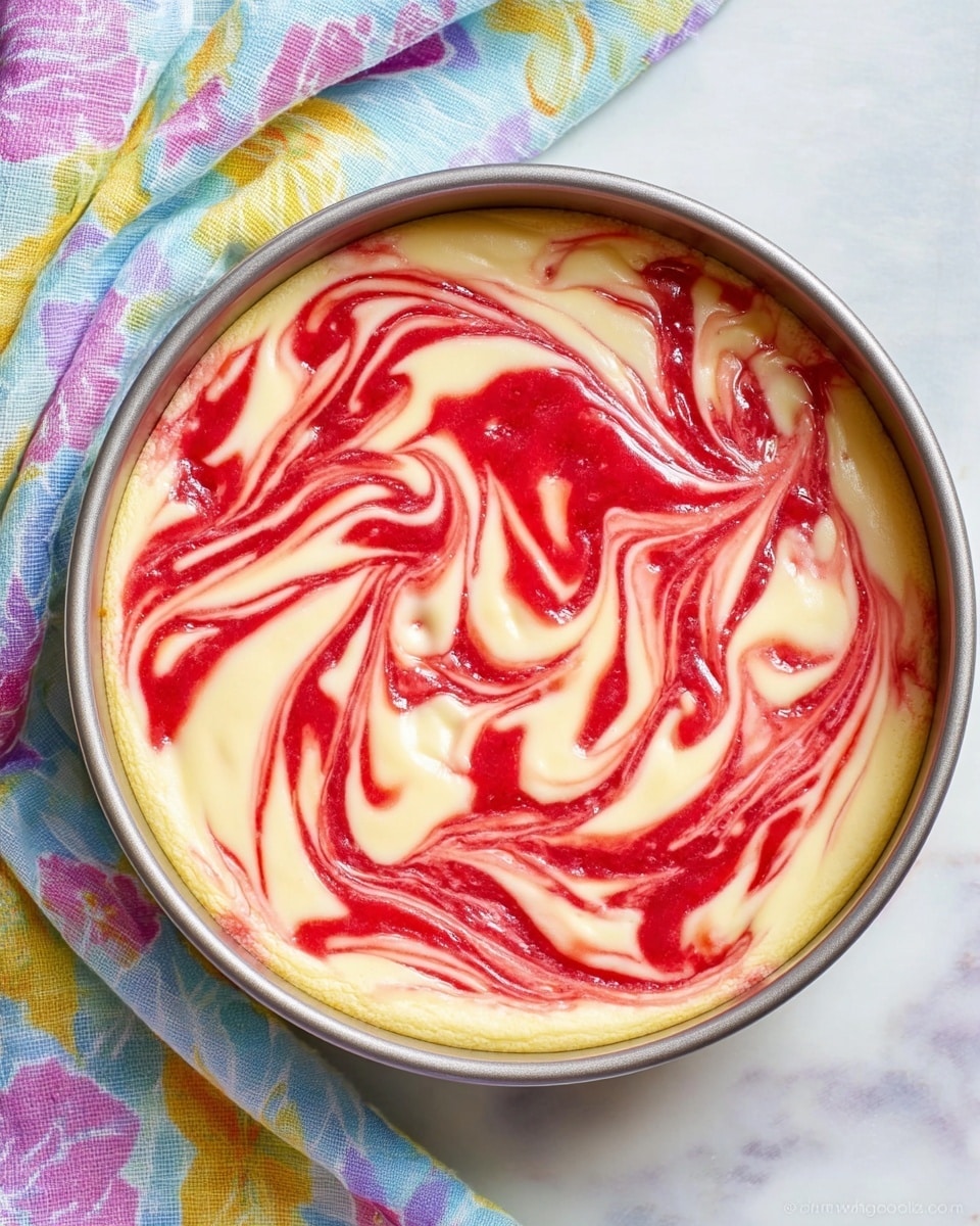 The image shows a round baking pan filled with two main layers swirled together: a creamy pale yellow layer and a bright red layer. The red layer is swirled in thick, glossy ribbons across the pale yellow base, creating a marbled pattern with soft curves and waves all over the surface. The pan rests on a white marbled surface, next to a colorful cloth with pastel blue, purple, pink, and yellow floral patterns. Photo taken with an iphone --ar 4:5 --v 7