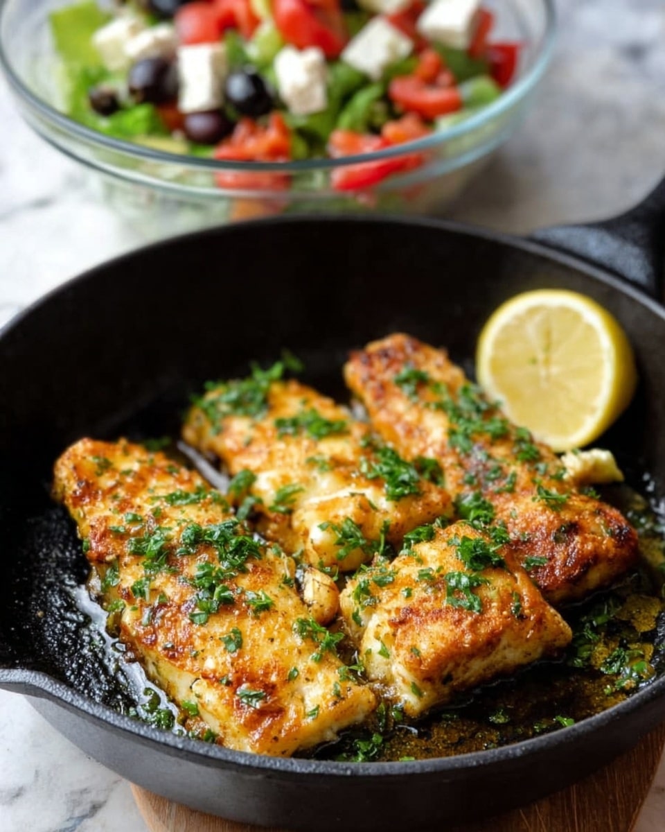 The dish shows several pieces of golden-brown cooked fish with a crispy top layer covered with chopped green herbs like parsley, all sitting in a shiny, oily sauce with small bits of spices and herbs visible. The fish pieces are placed tightly in a black pan, with the sauce spreading around them. There is a lemon half on the bottom left corner, pale yellow on the inside. The fish has a textured, grilled look with visible layers of white fish meat under the crispy golden crust. The photo is shot closely from above with a white marbled surface barely visible around the pan edge. Photo taken with an iphone --ar 4:5 --v 7