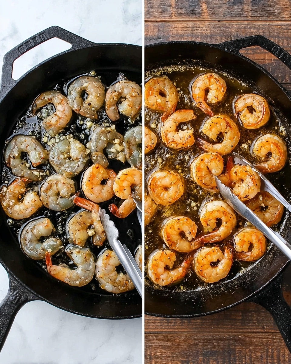The image shows two black cast iron pans side by side on a white marbled surface with a wooden texture underneath. The left pan contains about 15 shrimps that are pink and gray, arranged in a single layer, with visible small bits of garlic scattered among them. A pair of silver tongs is holding one shrimp in the center. The right pan has the same shrimps, but now they are golden brown and cooked, soaking in a bubbling garlic butter sauce. The sauce looks thick and shiny, covering the bottom of the pan. The same silver tongs hold a shrimp on the right side. The colors shift from raw pink and gray to cooked orange and golden brown, showing the before and after in cooking. photo taken with an iphone --ar 4:5 --v 7