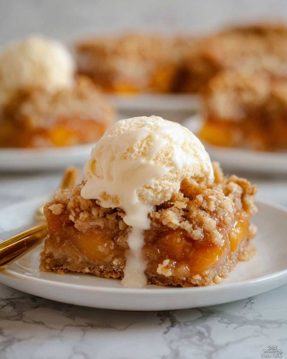 A piece of fruit crumble dessert sits on a white plate with a golden fork beside it. The dessert has three clear layers: a crumbly, light brown base, a thick middle layer of soft, cooked orange fruit pieces visibly juicy and glossy, and a top layer of crunchy, golden-brown crumble. A creamy, melting scoop of pale vanilla ice cream is placed on top, dripping slightly down the crumble. The background shows more pieces of the same dessert blurred out on a white marbled surface. Photo taken with an iphone --ar 4:5 --v 7