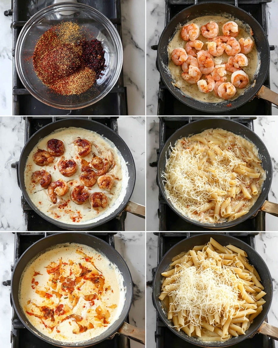 The image shows six steps of making a creamy shrimp pasta sauce in a black pan on a stove with a white marbled surface. The first layer shows raw shrimp in a clear glass bowl, sprinkled with red and black spices. The second layer shows shrimp being cooked in the pan, turning pink and slightly browned. The third layer has a dark red paste and minced garlic added to the pan’s oil, spread unevenly. The fourth layer shows a creamy white sauce with orange specks being stirred, bubbling gently. The fifth layer adds shredded white cheese and grated Parmesan on top of the sauce in the pan, partially mixed in. The sixth layer shows cooked penne pasta added on the creamy sauce, ready to be stirred together, with the sauce thick and smooth. Photo taken with an iphone --ar 4:5 --v 7