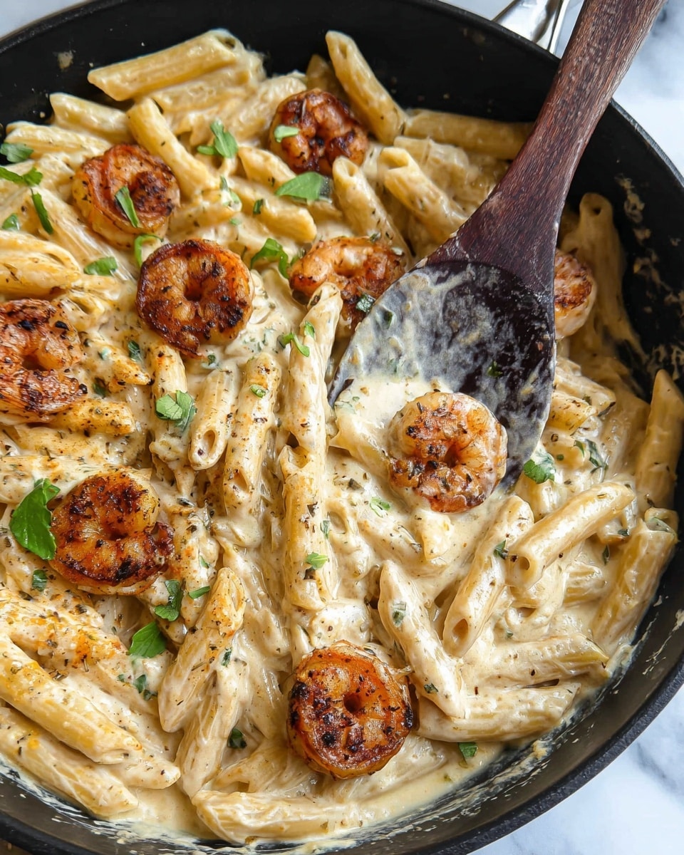 A close-up view of creamy pasta in a black skillet on a white marbled surface, showing a mix of light yellow penne pasta coated in a thick, creamy white sauce with small hints of spices. Scattered in and on top of the pasta are several browned shrimp with a reddish-brown grilled texture. Small green herb bits are sprinkled around the dish, adding color contrast. A dark wooden spoon rests inside the skillet, partially covered with sauce and pasta, stirring the mixture. Photo taken with an iphone --ar 4:5 --v 7