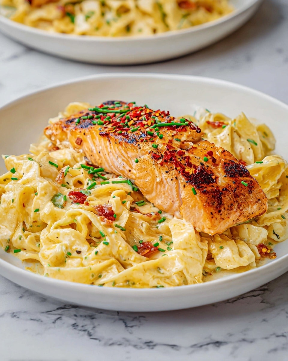 The dish shows a white plate with a base layer of creamy light yellow pasta mixed with small green herb pieces and bits of bacon, giving a creamy and slightly textured look. On top, a golden-brown grilled salmon fillet sits, displaying light charring and sprinkled with red pepper flakes and green chives. The contrast between the creamy pasta and the slightly crispy salmon creates a warm and inviting display, all set on a white marbled surface. photo taken with an iphone --ar 4:5 --v 7
