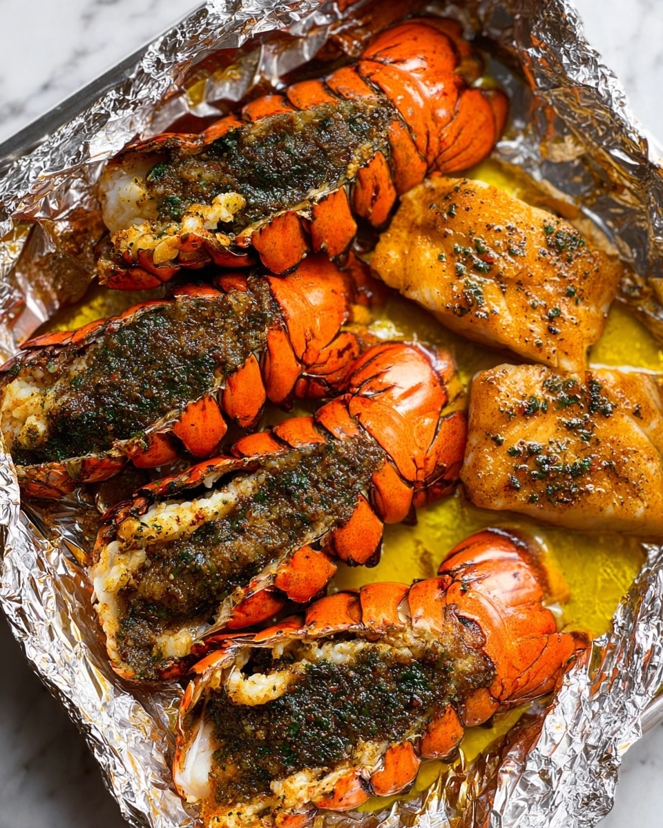 The image shows a tray lined with silver foil holding several bright orange lobster tails with split shells exposing white lobster meat inside. The lobster meat is covered with a dark green herb and spice mixture, giving a textured look. Next to the lobster tails, there are two pieces of cooked fish fillets with a light orange color, also topped with the same green herb seasoning. The foil underneath shows some yellow oil or melted butter around the food, adding a shiny effect. The whole dish is presented on a white marbled surface. Photo taken with an iphone --ar 4:5 --v 7