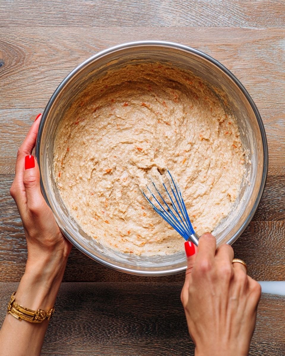 A shiny silver mixing bowl is filled with a thick batter that is light brown with visible small orange bits mixed throughout. The batter has a rough, textured surface showing the mix's grainy ingredients. A woman's hand with red painted nails holds a blue whisk in the batter, stirring it, while the other woman's hand with similar red nails steadies the bowl from the side. The background is a white marbled texture with a wooden surface underneath the bowl. Photo taken with an iphone --ar 4:5 --v 7