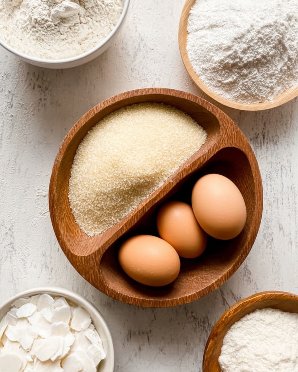 A wooden divided bowl is shown on a white marbled surface, filled with light beige granular sugar on the left side and three smooth, light brown eggs on the right side. Around the bowl, there are other ingredients placed on the white marbled surface: a white bowl of flour in the top left corner, a small wooden bowl of white powdered ingredient just above the main bowl, and a small white bowl full of white flakes at the bottom left. The textures contrast nicely with the smooth eggs, fine sugar grains, fluffy flour, powder, and crisp flakes, all under soft natural light. photo taken with an iphone --ar 4:5 --v 7