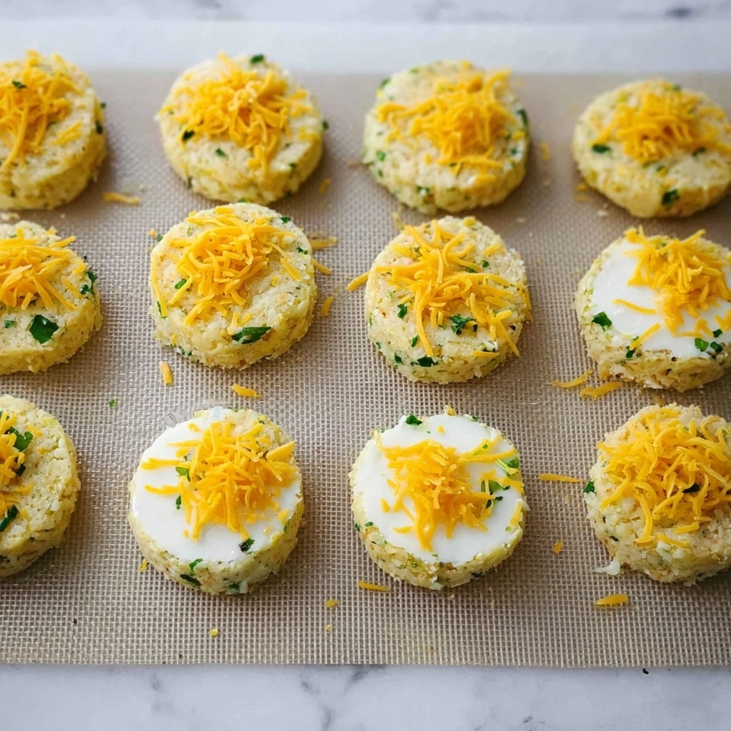 There are eight round patties placed on a textured baking mat over a white marbled surface. Each patty has two layers: the bottom is light yellow with a crumbly texture mixed with small green herbs, and the top layer is white and smooth, likely soft cheese or a similar ingredient. On top of each patty, there is a small pile of bright orange shredded cheese scattered unevenly. The overall look is neat and fresh, arranged in rows. photo taken with an iphone --ar 4:5 --v 7