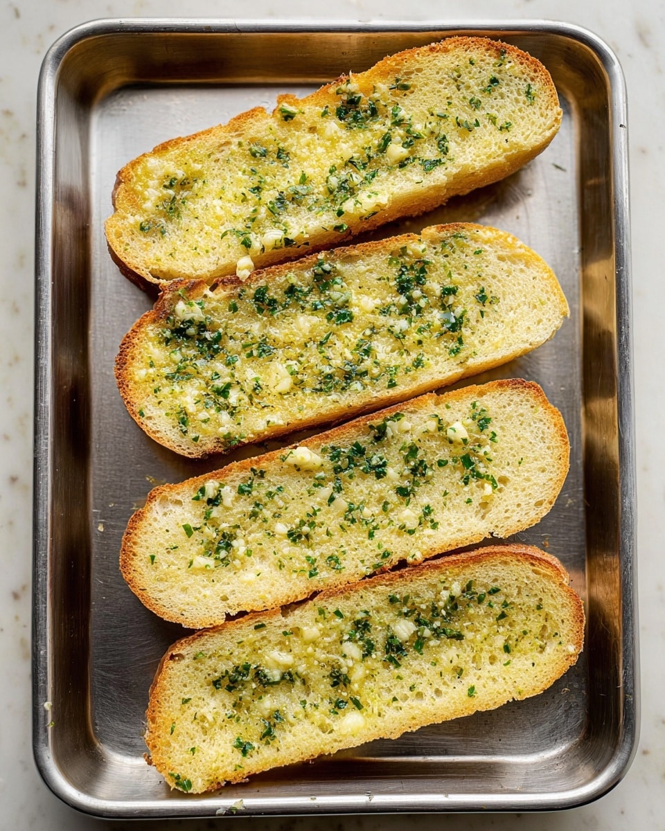 The image shows four slices of toasted bread laid flat on a metal baking tray. Each slice has a visible layer of garlic butter spread evenly, mixed with finely chopped green herbs that add a speckled pattern across the light yellow butter. The bread edges are lightly browned and crisp, contrasting with the soft-looking butter and herbs in the middle. The tray sits on a white marbled surface with soft lighting that highlights the textures clearly. Photo taken with an iphone --ar 4:5 --v 7