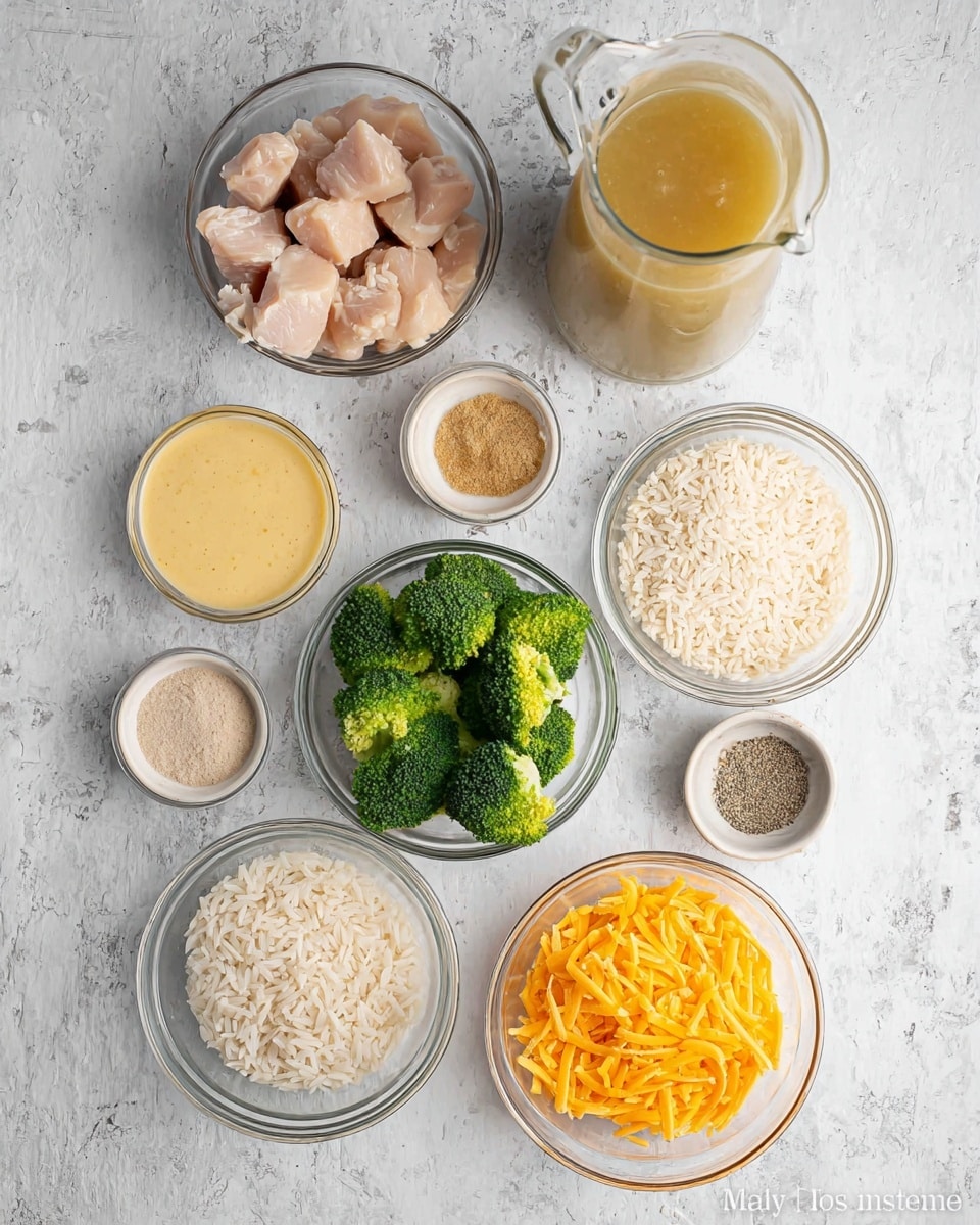 This image shows a white marbled background with nine clear glass containers arranged neatly. There is one container with cubed raw chicken pieces, one with bright green broccoli florets, one filled with uncooked white rice, and another holding shredded orange cheddar cheese. Also present are small bowls containing light beige and brown powders, a small bowl with mixed salt and pepper, a larger bowl with creamy yellow sauce, and a jar with light brown creamy dip. Finally, there's a tall glass jug filled with light golden broth. Photo taken with an iphone --ar 4:5 --v 7