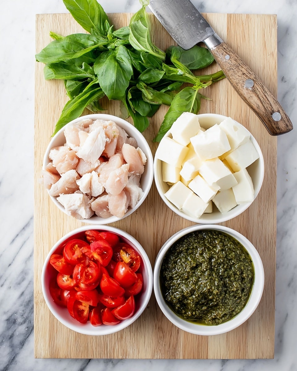 The image shows a sequence of four square flatbread pizzas made on a white marbled surface. The first layer is a square flatbread covered evenly with a green pesto sauce spread thickly, with a textured and slightly rough surface. The second image adds scattered pieces of white cooked chicken over the green pesto spread. In the third image, the flatbread is topped with halved cherry tomatoes, bright red and glossy, spread evenly on top of the chicken and pesto. The final image adds chunks of white mozzarella cheese, cut into medium-sized cubes, scattered generously over the tomatoes, chicken, and pesto, completing the layers. photo taken with an iphone --ar 4:5 --v 7