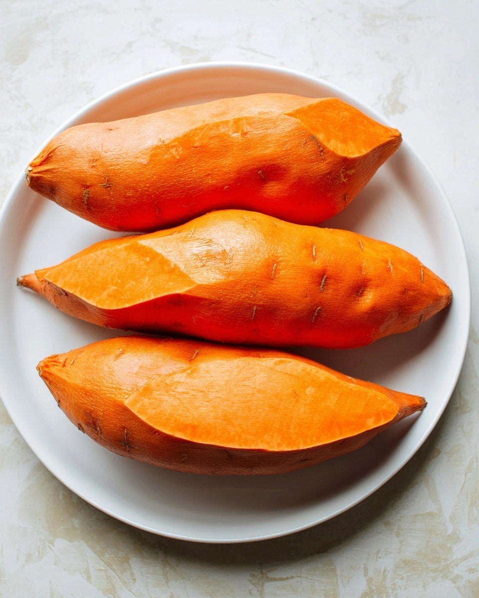 Three peeled sweet potatoes with a smooth, bright orange surface are placed side by side in a white plate. The plate sits on a white marbled textured surface. The sweet potatoes are arranged closely, filling most of the plate, showing their slightly curved and elongated shapes with small natural indentations. Photo taken with an iphone --ar 4:5 --v 7