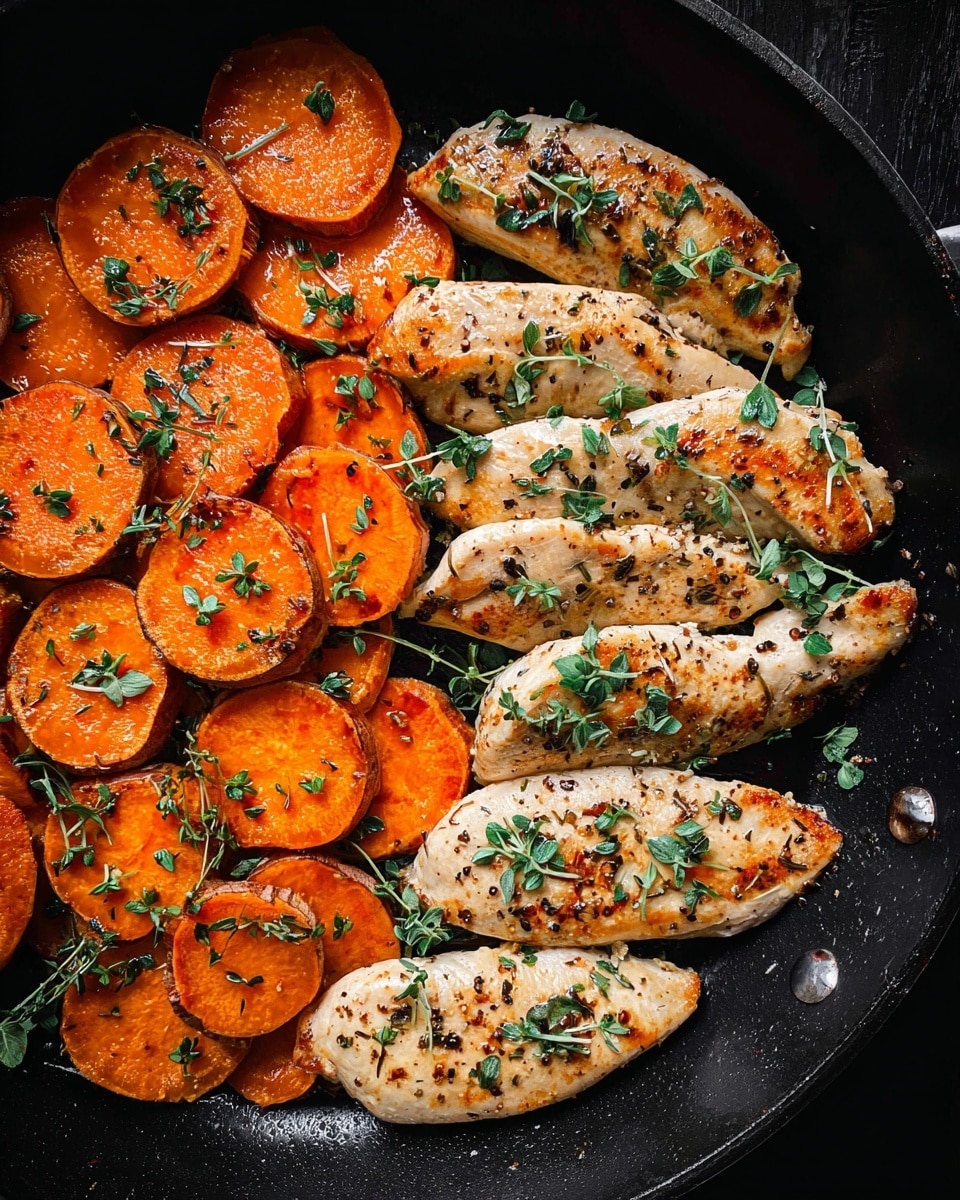 In a black pan, there are six cooked light brown chicken fillets arranged in a line on the right side. They have small green herb leaves scattered on top and some black pepper seasoning. On the left side of the pan, there are several round slices of bright orange sweet potatoes, also seasoned with small green herbs and black pepper. The pan's surface is dark, creating a strong contrast with the orange and light brown colors of the food. photo taken with an iphone --ar 4:5 --v 7