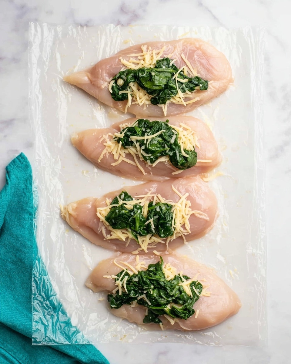 The dish shows a white plate with three main parts: on the left side are five thick slices of stuffed chicken rolled and breaded in a golden crispy coating, filled with a rich dark green spinach inside; the top section is filled with bright green steamed green beans scattered with tiny garlic pieces; on the right side is a mound of mixed rice that looks light brown with bits of ground meat and small red and green vegetable pieces, topped with chopped green onion rings. The plate rests on a white marbled surface with a light blue cloth napkin and two silver forks placed nearby, photo taken with an iphone --ar 4:5 --v 7