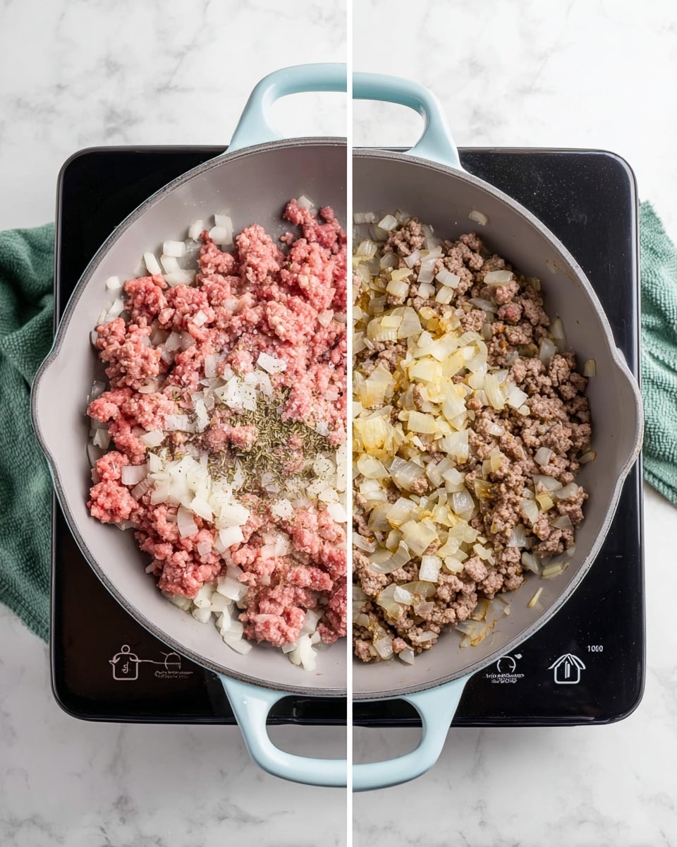 The image shows two top views of a gray pan with light blue handles on a white marbled surface. The pan is on a black induction cooktop with white markings and a green cloth underneath. On the left side, the pan has raw ground meat mixed with diced white onions, and sprinkled with salt and pepper, creating layers of pink, white, and speckled black and white. On the right side, the meat is cooked to a brown color, mixed with translucent sautéed onions, and small pieces of cooked garlic in the center, showing a mixing of light beige and brown tones. Photo taken with an iphone --ar 4:5 --v 7