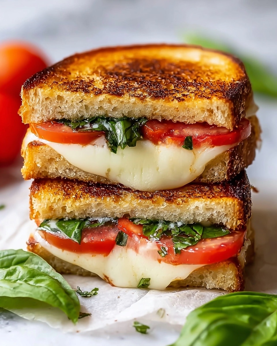 A grilled sandwich with three visible layers sits on a wooden surface. The top and bottom layers are golden brown toasted bread with a slightly burnt, crispy texture and herb flakes on the crust. Inside, the first filling layer is melted white cheese with a creamy texture, slightly dripping and seasoned with black pepper. Above the cheese, there is a layer of fresh green basil leaves adding a leafy texture. Next is a thick slice of bright red tomato with visible juicy seeds and flesh. The sandwich looks warm, fresh, and inviting. Photo taken with an iphone --ar 4:5 --v 7