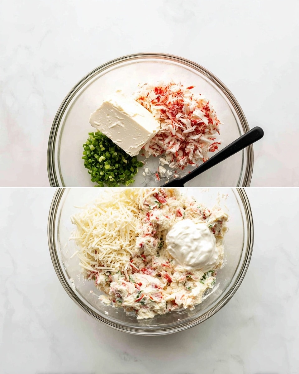 The first image shows a clear glass bowl on a white marbled surface with five separate ingredients inside: a thick white block of cream cheese on the left, finely chopped red and white crab sticks on the top right, a small pile of green chopped spring onions on the bottom left, a heap of white shredded cheese in the bottom center, and a dollop of white sour cream in the middle right. The second image shows the same glass bowl now with all ingredients mixed together into a creamy, textured mixture that has small pieces of red, green, and white evenly spread throughout. A black mixing spatula rests inside the bowl. photo taken with an iphone --ar 4:5 --v 7