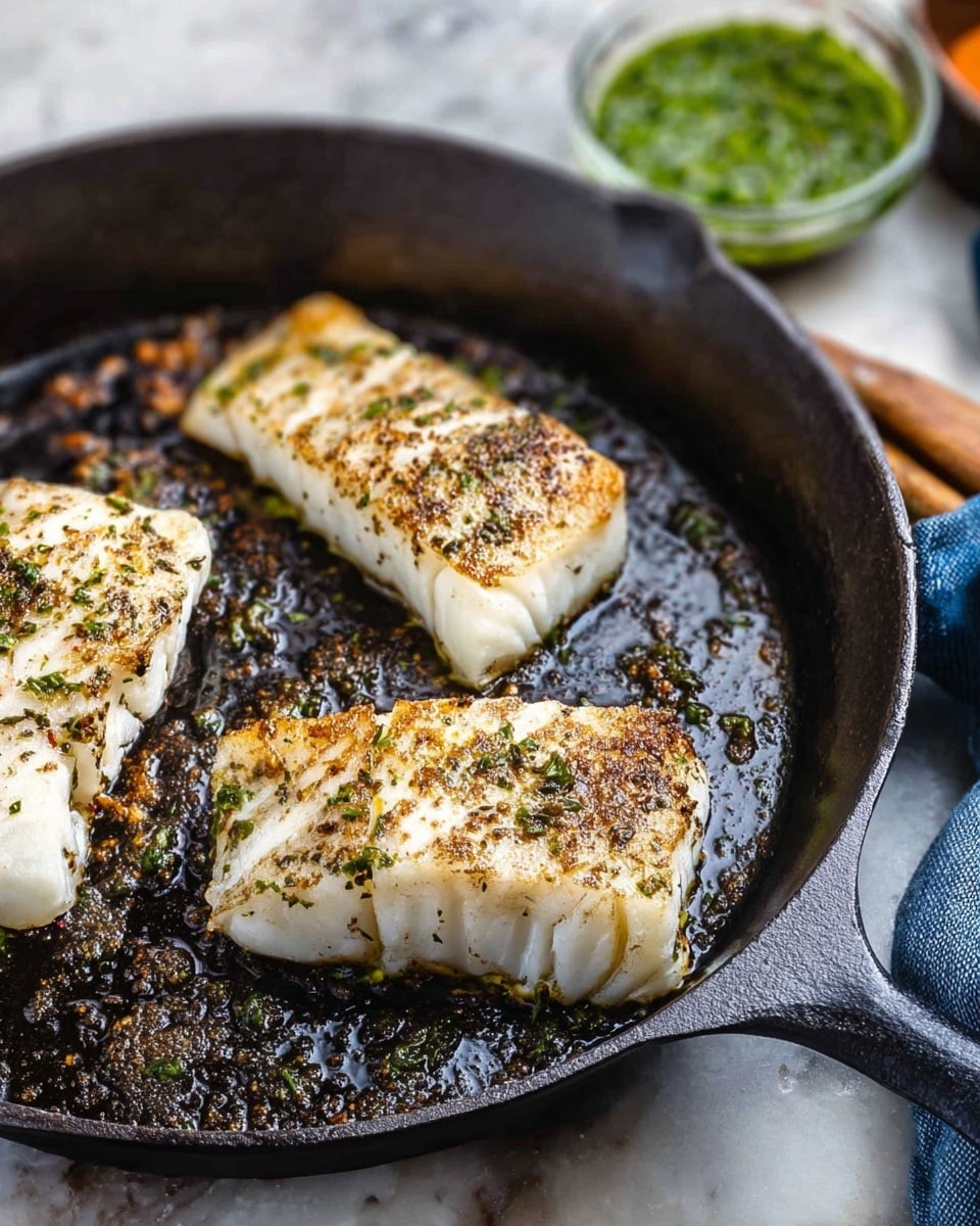 Three pieces of cooked white fish with a light golden brown crust sit in a black cast iron pan. Each fillet has a firm texture with slight flaking on the edges, and they are seasoned with dark pepper and herbs. The pan rests on a white marbled surface. To the side, there is a small glass bowl filled with a green herb sauce. Photo taken with an iphone --ar 4:5 --v 7