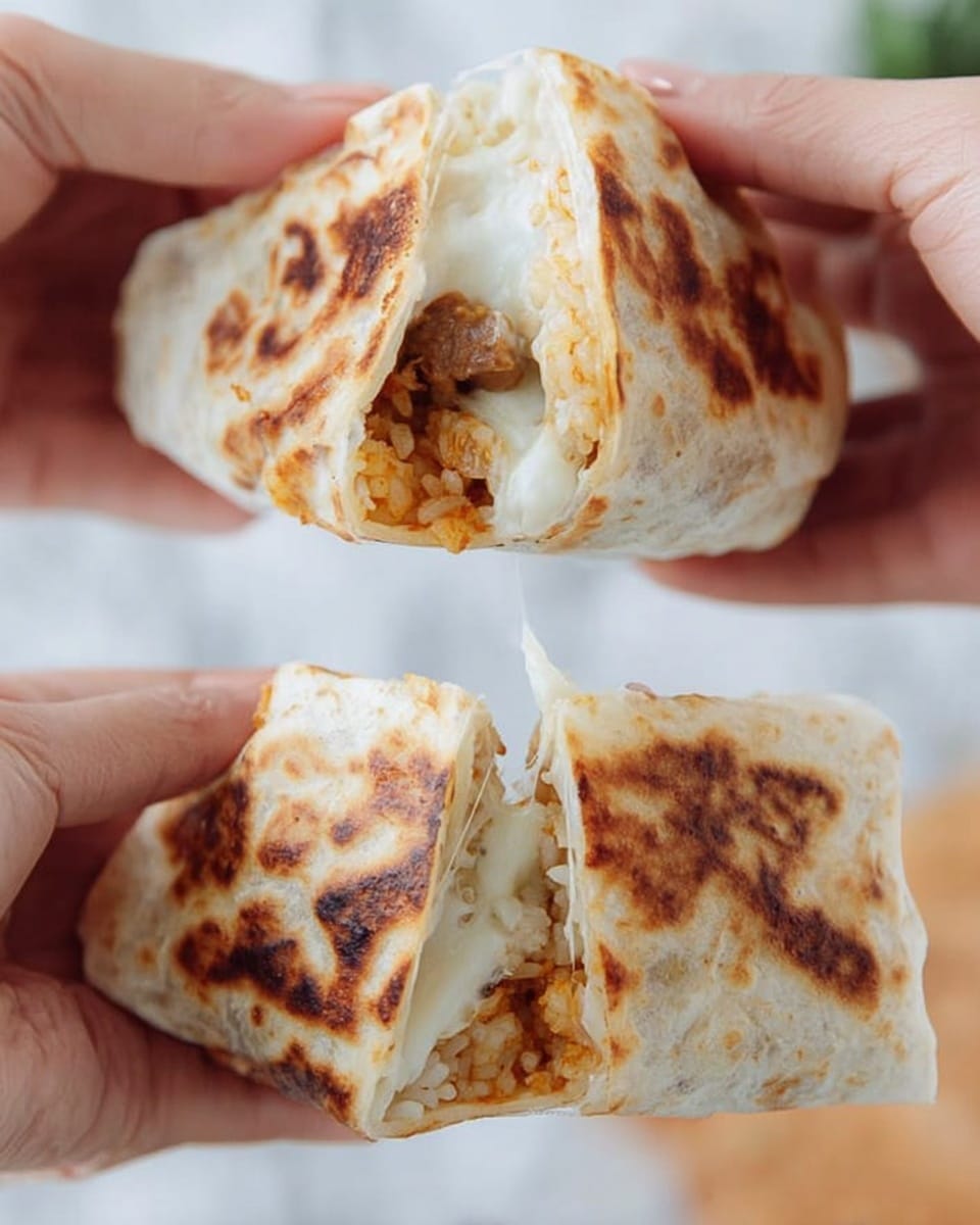 The image shows two close-up shots of a torn flatbread wrap held by two woman's hands against a white marbled surface. The wrap is light golden brown with darker toasted spots on the outside. Inside, there is a melty layer of white cheese that stretches as the wrap is pulled apart, covering a layer of cooked rice mixed with small pieces of soft, brown food, possibly a filling like beans or mushrooms. The textures range from the thin, slightly crispy outer flatbread to the soft, stringy melted cheese and the spiced grain filling inside. Photo taken with an iphone --ar 4:5 --v 7