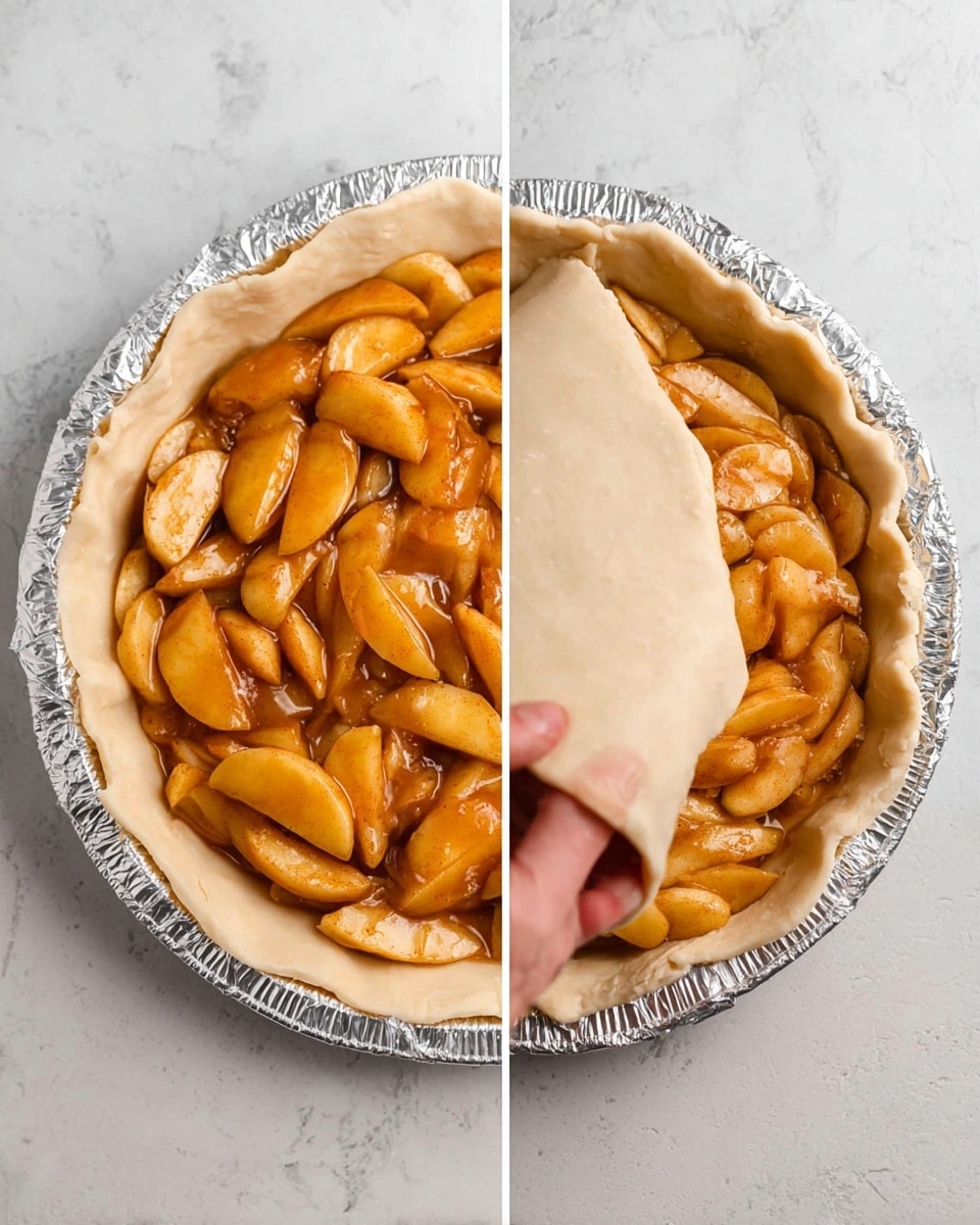 A golden brown crumble pie with a rough, crumbly top layer that is slightly uneven and textured, covering the entire round pie dish, which is white; the pie sits on a white marbled surface. To the upper right, there is a white cup filled with light brown coffee or tea. To the upper left, there are three green apples with a shiny, smooth texture. At the bottom right, there are three shiny gold spoons placed next to the pie, and at the bottom left corner, part of a gray striped cloth is visible. Photo taken with an iphone --ar 4:5 --v 7