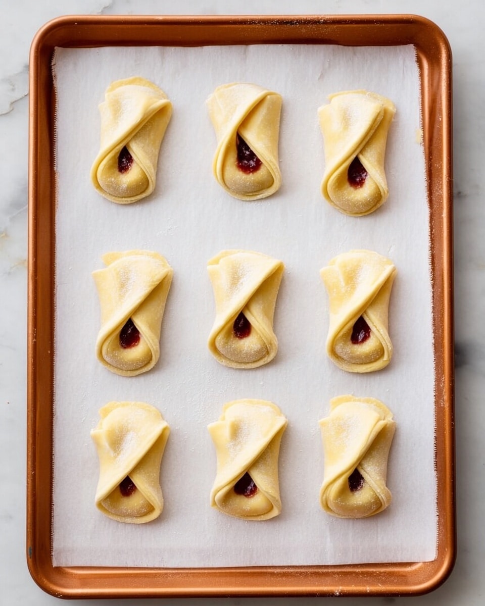 The image shows nine small pastries arranged in three rows on a white parchment paper lined baking tray with a copper border. Each pastry is light golden-yellow dough folded around a dark red filling, with two folded sides overlapping the filling in the center. The white marbled surface is visible around the tray. The pastries have a smooth and slightly shiny texture, evenly spaced on the tray, ready to be baked. photo taken with an iphone --ar 4:5 --v 7
