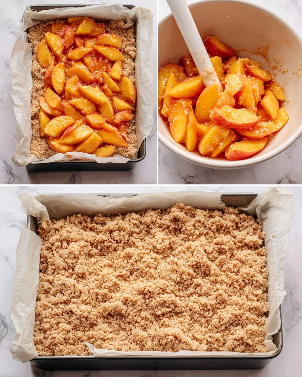 The image shows a step-by-step layer build of a peach crumble dessert in a rectangular white pan lined with parchment paper, placed on a white marbled surface. The first layer is a crumbly, light brown dough pressed flat at the bottom of the pan. The second layer consists of bright orange and yellow peach slices spread evenly over the dough, showing a juicy and glossy texture. The final top layer is a generous sprinkle of more light brown crumbs covering the peach slices fully, giving a rough and crumbly texture. A white spatula is seen mixing the peach slices in a white bowl in one of the steps. photo taken with an iphone --ar 4:5 --v 7