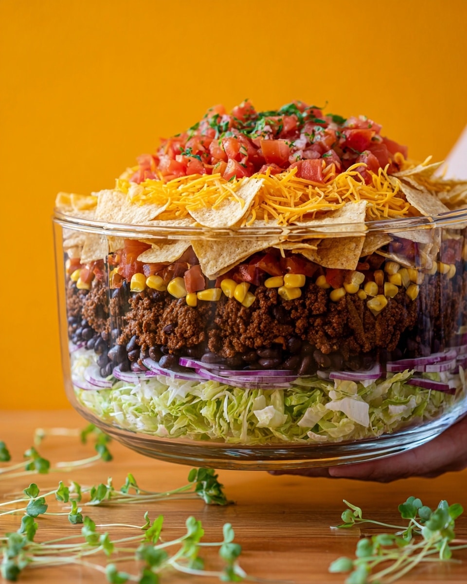 This image shows a black skillet filled with a layered nacho dish on a yellow textured background. The base layer consists of white tortilla chips mostly covered by toppings. The second layer is a mix of ground beef, black beans, corn kernels, diced red onions, chopped tomatoes, shredded cheddar cheese, and some green lettuce pieces. The colorful mix sits unevenly, with bits spilling toward the edges. Around the skillet are a few cherry tomatoes, lime wedges, a white bowl with extra tortilla chips, two glasses of dark soda with ice, and a metal fork resting on an orange cloth. The overall look is bright and fresh with many small textures and colors photo taken with an iphone --ar 4:5 --v 7