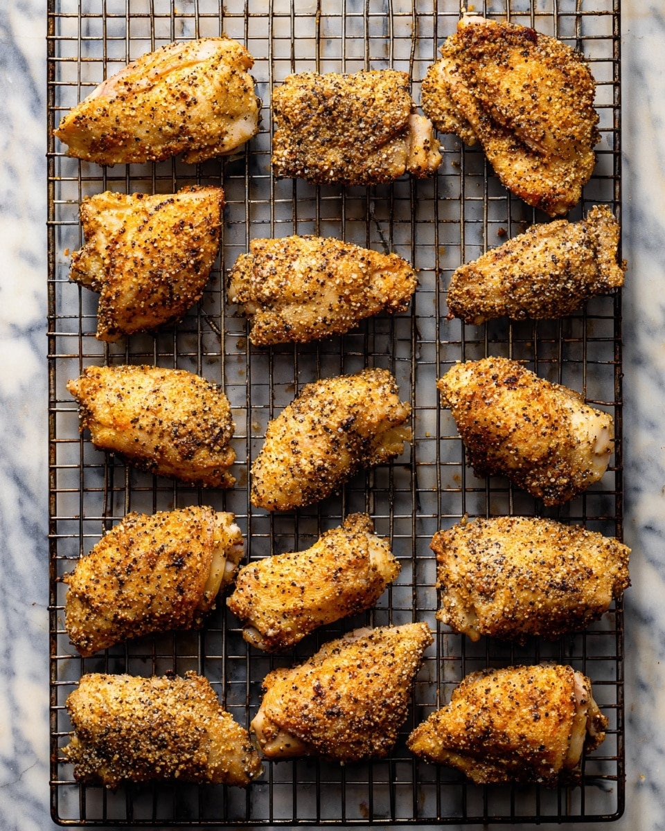 The image shows 16 pieces of seasoned baked chicken arranged in four rows on a black metal cooling rack, which sits on a white marbled surface. The chicken pieces have a rough texture with a dry spice coating featuring coarse black and white specks that look like cracked pepper and seasoning. The chicken pieces vary in size and shape but are all golden brown with darker toasted spots, showing a crispy outer layer. The background is softly lit, highlighting the crunchy texture of the seasoning on the lightly browned chicken. photo taken with an iphone --ar 4:5 --v 7