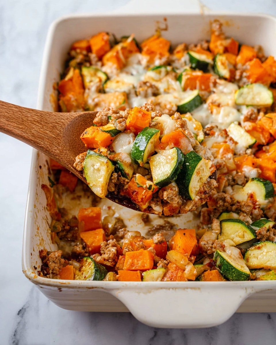 A white rectangular baking dish holds a mixed vegetable and ground meat casserole with about three main layers mingled together. The bottom and middle layers show chunks of bright orange sweet potatoes and green slices of zucchini with their skin on, all soft but still in shape. Mixed through these are small pieces of cooked ground meat, light brown in color and crumbly in texture. On top of the vegetables and meat, there are melted patches of light-colored cheese that blend slightly with the food beneath. A wooden spoon lifts a scoop of the casserole from the right side of the dish, showing the mixture in focus. The dish is placed on a surface with a white marbled texture. Photo taken with an iphone --ar 4:5 --v 7