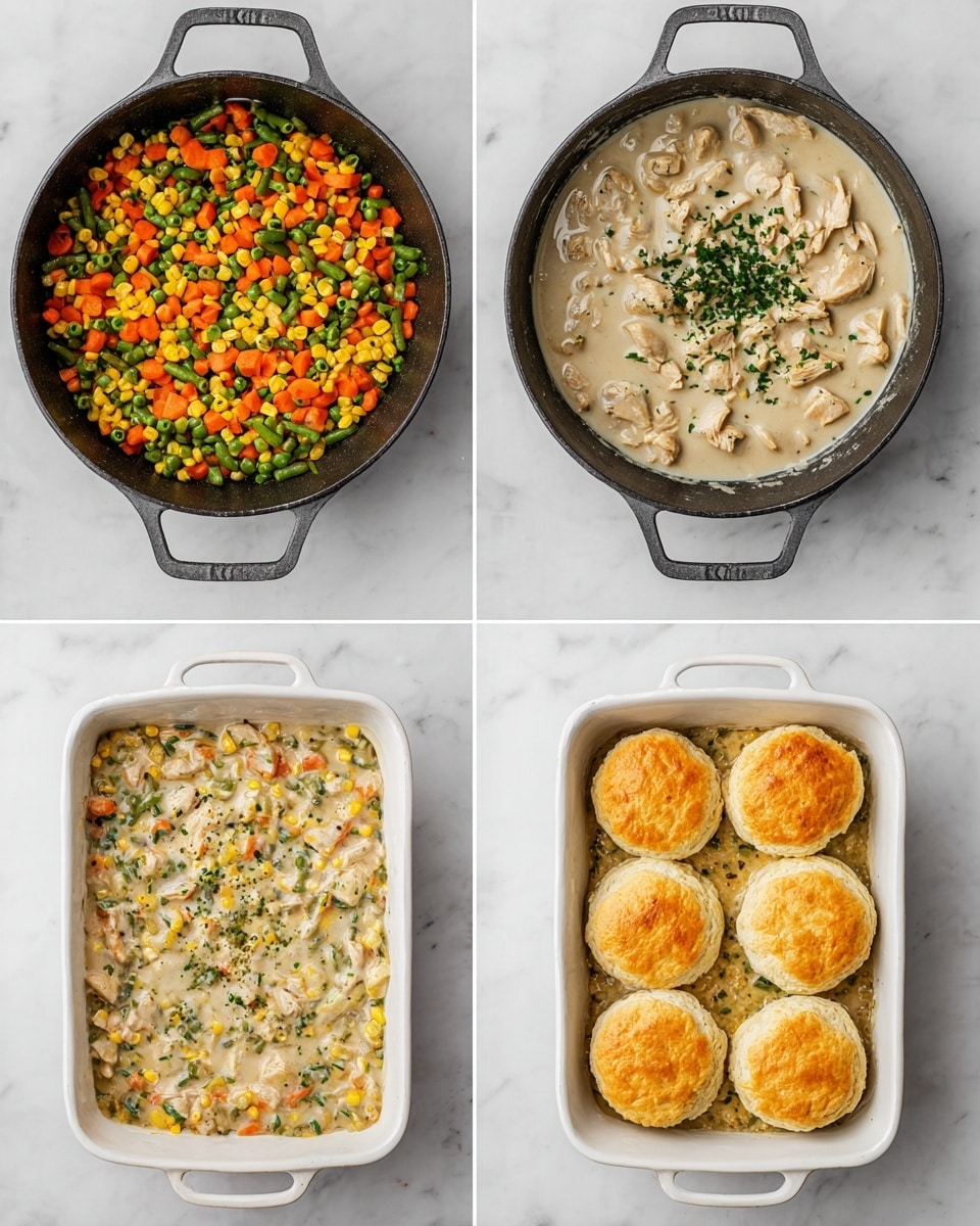 The image shows four stages of making a chicken pot pie. The first stage is a black pan filled with mixed vegetables including orange carrots, green beans, green peas, and yellow corn, all spread evenly. The second stage shows the same pan filled with a light creamy sauce with diced chicken pieces on one side and chopped green herbs on the other, floating on the top. The third stage features a white rectangular baking dish filled with the mixed ingredients from the pan, showing a thick creamy mixture with visible orange, green, yellow, and white chunks evenly spread. The fourth stage shows the baking dish topped with eight golden brown biscuit rounds placed in two rows over the creamy vegetable and chicken filling. The entire setting is placed on a white marbled surface. photo taken with an iphone --ar 4:5 --v 7