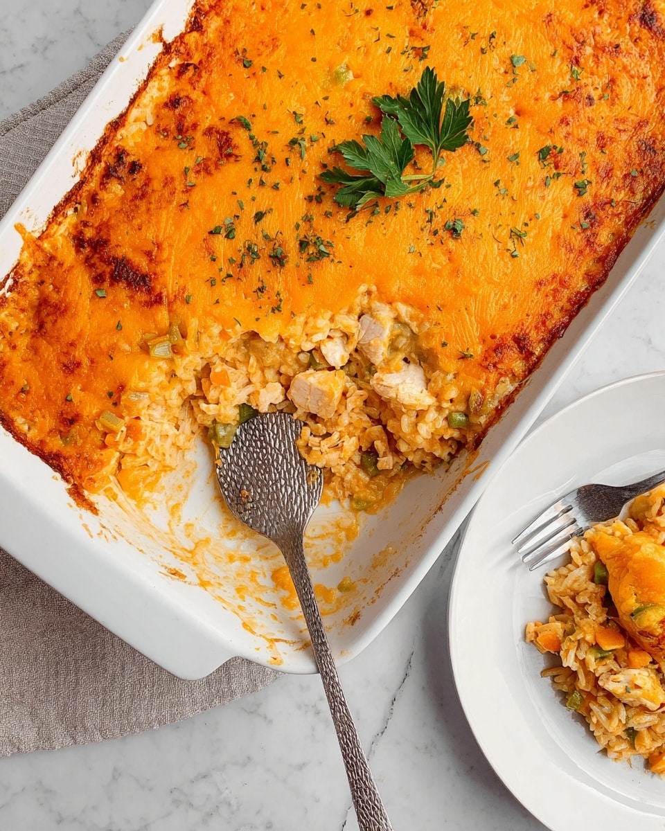 The image shows a white rectangular baking dish with a thick, golden-orange cheesy top layer sprinkled with small green herb bits and a sprig of parsley in the center. One corner of the dish has been scooped out, revealing a creamy inside layer of rice mixed with pieces of chicken and small green vegetable bits. A textured silver spoon rests in the dish, holding some of the inner creamy mixture. To the right, a white plate holds a serving of the dish with a fork nearby, all set on a white marbled surface. photo taken with an iphone --ar 4:5 --v 7