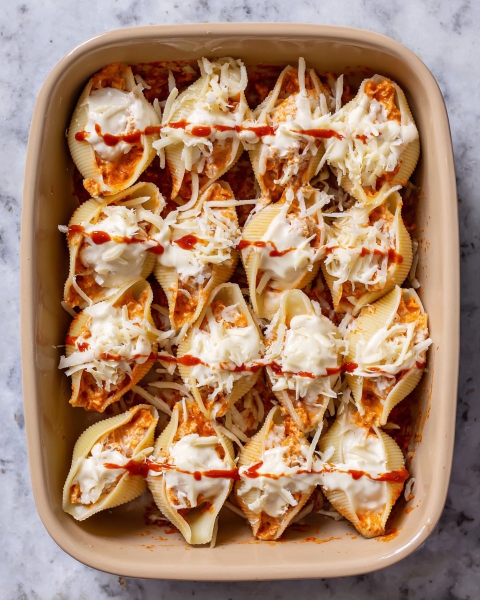 The image shows a beige rectangular baking dish filled with large pasta shells arranged closely together, each shell filled with an orange-colored mixture. The shells are topped with a white creamy sauce and a sprinkle of shredded white cheese, with some red sauce drizzled over them. The dish and shells are placed on a white marbled surface, highlighting the contrast with the creamy, cheesy, and saucy layers. Photo taken with an iphone --ar 4:5 --v 7