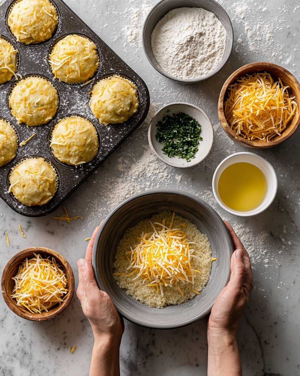 A top-down view of a cooking scene with two woman's hands holding a gray mixing bowl filled halfway with a pale yellow grainy mixture and shredded cheese on top, surrounded by four small wooden bowls holding shredded yellow and white cheese. Below the bowl, there is a dark muffin tray filled with six round, golden dough mounds topped with cheese. To the right, there are three white bowls: one with a yellow liquid, one with white powder, and one with flour. A small gray bowl with green chopped herbs is near the top center. Everything is set on a white marbled surface dusted with some flour photo taken with an iphone --ar 4:5 --v 7