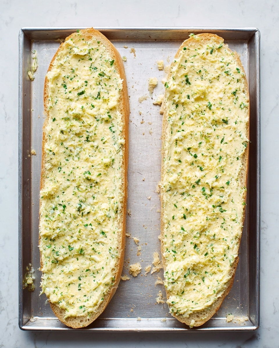 The image shows two long slices of bread laid flat side by side on a silver baking tray, placed on a white marbled texture surface. Each slice is covered with a thick, uneven layer of pale yellow garlic butter mixed with finely chopped green herbs. The texture of the spread is creamy with some small lumps and speckles of herbs, giving it a fresh and rustic look. The bread crust is light brown, and the soft inside is visible around the edges where the spread does not fully cover, with some crumbs scattered lightly on the tray. photo taken with an iphone --ar 4:5 --v 7