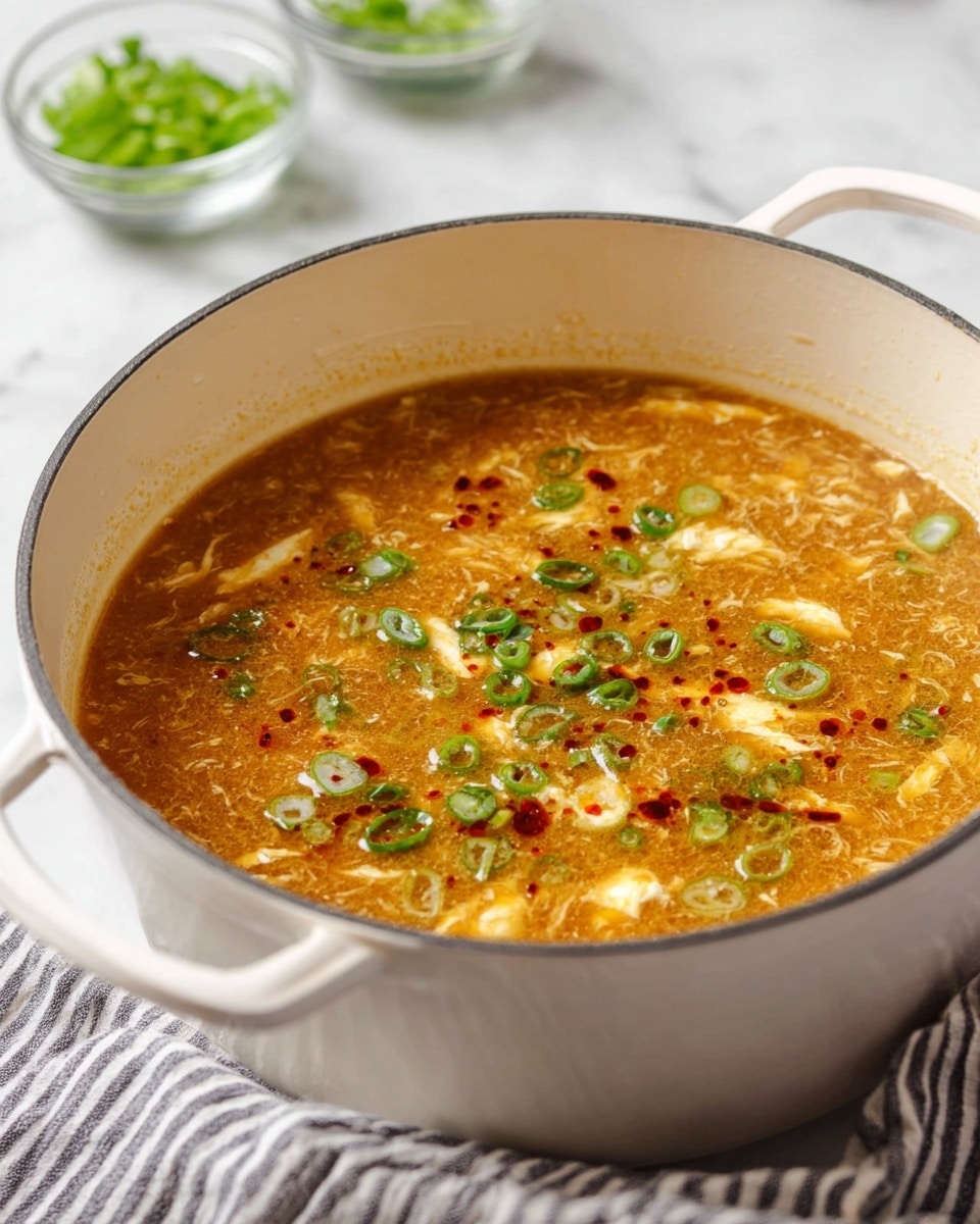 A white pot filled with orange-brown soup that has a slightly thick and textured surface. The soup shows small white egg ribbons mixed inside, scattered green chopped spring onion pieces on top, and several drops of red chili oil spread across the surface. The pot is on a white marbled table, with a striped cloth and small glass bowls holding green vegetables blurred in the background. photo taken with an iphone --ar 4:5 --v 7