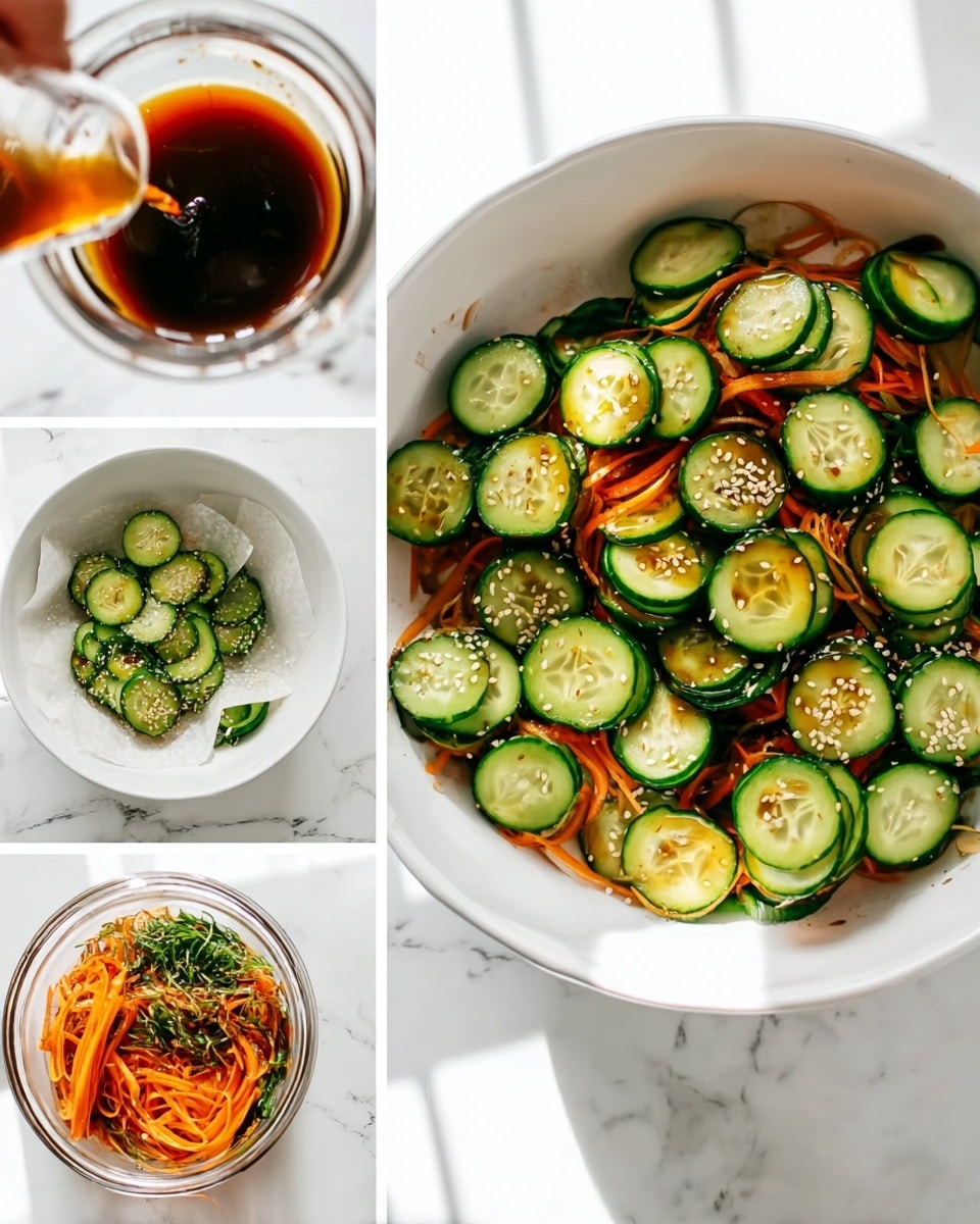 The image shows thin round green cucumber slices with light centers and darker edges, some mixed with long thin orange carrot ribbons in a white bowl. There are six steps: cucumber slices soaking in a white colander, cucumber slices drying on white paper, a glass container with dark brown mixture, cucumber slices and carrot ribbons in a white bowl, a woman's hand pouring dark brown dressing from a glass container over the vegetables, and the final mixed salad topped with white sesame seeds and finely chopped green herbs. The scene is set on a white marbled surface with bright natural light. Photo taken with an iphone --ar 4:5 --v 7