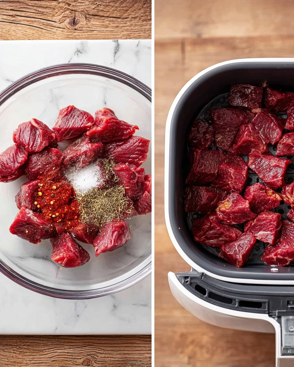 The image shows two side-by-side views: on the left, a clear glass bowl on a white marbled surface filled with raw red meat pieces, topped with coarse salt, black pepper, and a red spice, all sitting on the wooden surface; on the right, cooked deep red meat pieces with a slightly glossy texture arranged in a single layer inside a white air fryer basket, which is partially open, showing the meat evenly spread. photo taken with an iphone --ar 4:5 --v 7