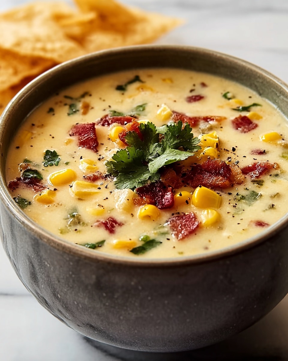A thick creamy soup in a white bowl with brown speckles, filled with yellow corn kernels, small orange carrot pieces, white potato chunks, and pinkish bits of meat scattered throughout. The soup is light beige and topped with small green parsley leaves and a sprinkle of black pepper. The bowl sits on a white marbled surface with a shiny white spoon beside it. Photo taken with an iphone --ar 4:5 --v 7