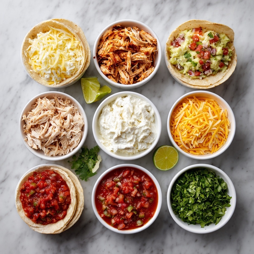 Four rolled tortillas with a yellow-orange color and brown toasted spots are placed side by side in a row on a wooden board. Inside the tortillas, shredded white filling is visible at the open ends. The tortillas are sprinkled with small green herb leaves on top. Behind the rolls, two small white bowls contain green guacamole with bits of red garnish. The setting is on a white marbled surface. Photo taken with an iphone --ar 4:5 --v 7