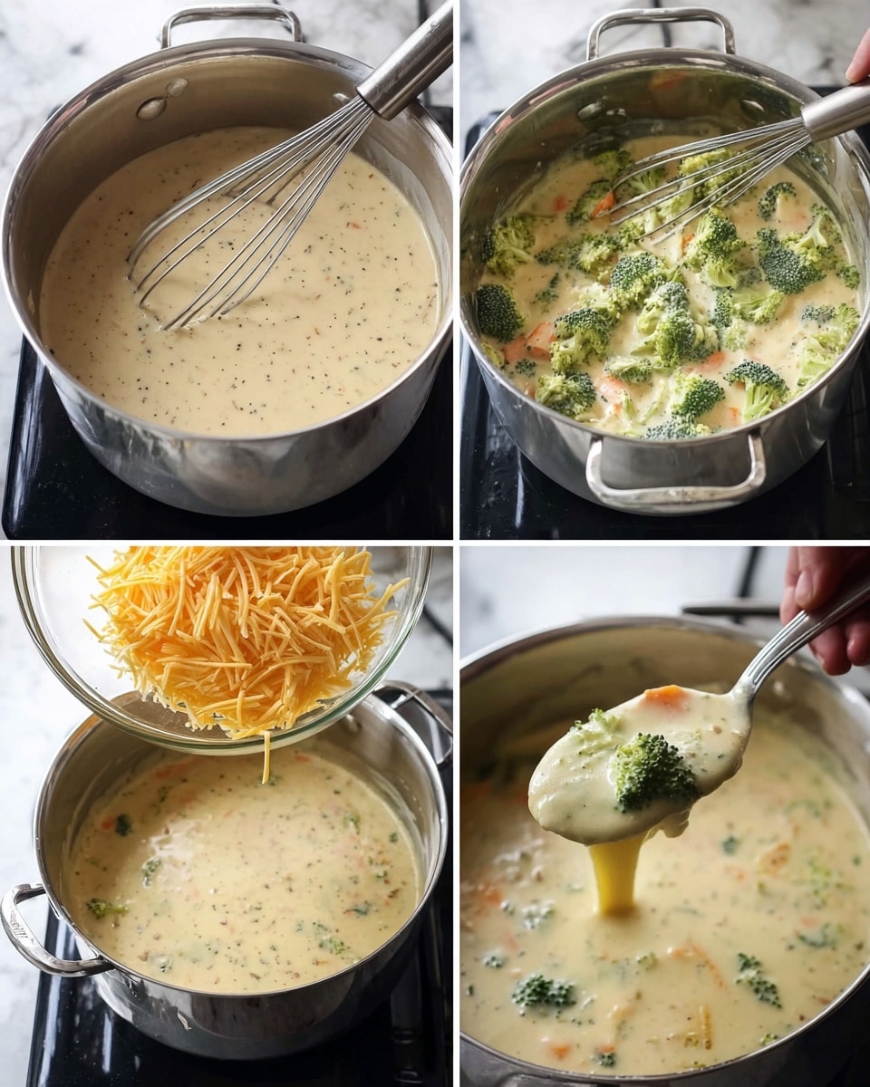 The image shows a creamy soup being made in a silver pot on a stovetop with a black surface. In the first part, a whisk stirs a smooth, light beige mixture with small black specks. In the second, the pot is covered with a lid held by a woman's hand, revealing a thick soup with green broccoli florets and small orange carrot pieces floating in the creamy beige liquid. In the third, shredded yellow cheese is being poured from a clear bowl into the pot containing the soup. The last shows a close-up of a spoon lifting the soup, highlighting its thick, creamy texture with visible broccoli and carrots in the beige base. The background around the pot is a white marbled texture. photo taken with an iphone --ar 4:5 --v 7