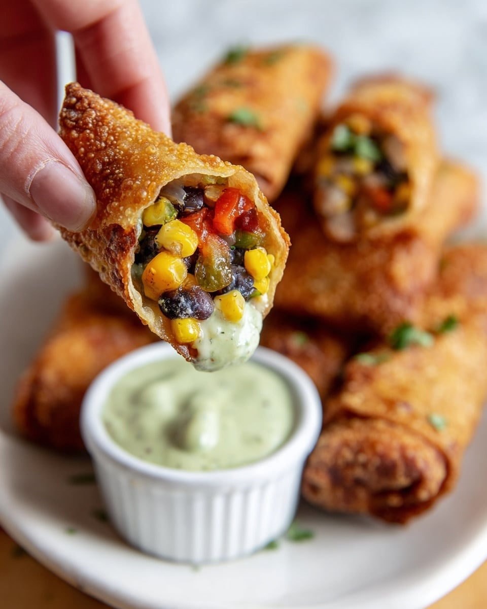 A crispy golden-brown egg roll is held by a woman's hand in the foreground, showing the inside filled with colorful pieces of black beans, yellow corn, red bell pepper, and green herbs, with a creamy light green sauce dipping from the open end. In the background, several similar golden-brown egg rolls are placed on a white plate next to a white ramekin filled with the same light green sauce, all resting on a white marbled surface. The texture of the egg roll wrapper is crunchy and bubbled, while the filling looks fresh and mixed. Photo taken with an iphone --ar 4:5 --v 7