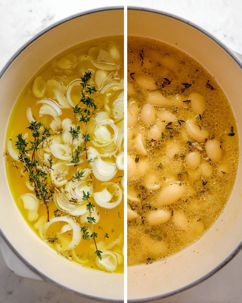 The image shows two close-up views of a white pot on a white marbled surface. In the left part, the pot contains one layer of light yellow olive oil with thinly sliced white garlic and onion rings floating in it, and small green sprigs of thyme placed mostly in the center. In the right part, the pot has a single layer of liquid light golden broth filled with small white pasta shells and thyme sprigs, with tiny bubbles and olive oil droplets on the surface. Photo taken with an iphone --ar 4:5 --v 7