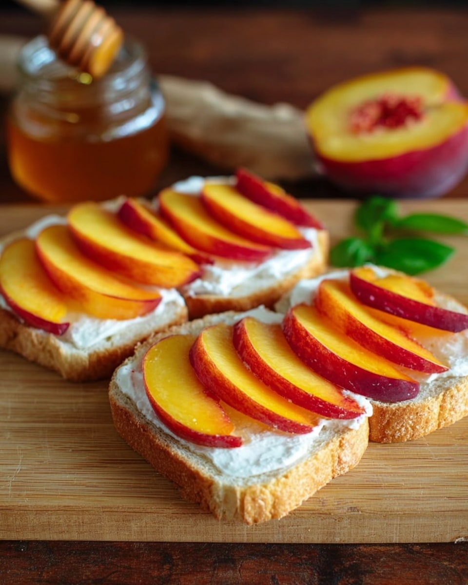 Two slices of white bread lie on a wooden cutting board with a white marbled texture background. Each slice is covered with a smooth, white layer of cream cheese. On top of the cream cheese, thick slices of peach with bright orange and red skin are neatly placed in overlapping rows, forming a colorful pattern. In the background, there is a small glass jar filled with amber honey and a wooden honey dipper resting over it, along with a green leaf garnish near the bread slices. Photo taken with an iphone --ar 4:5 --v 7