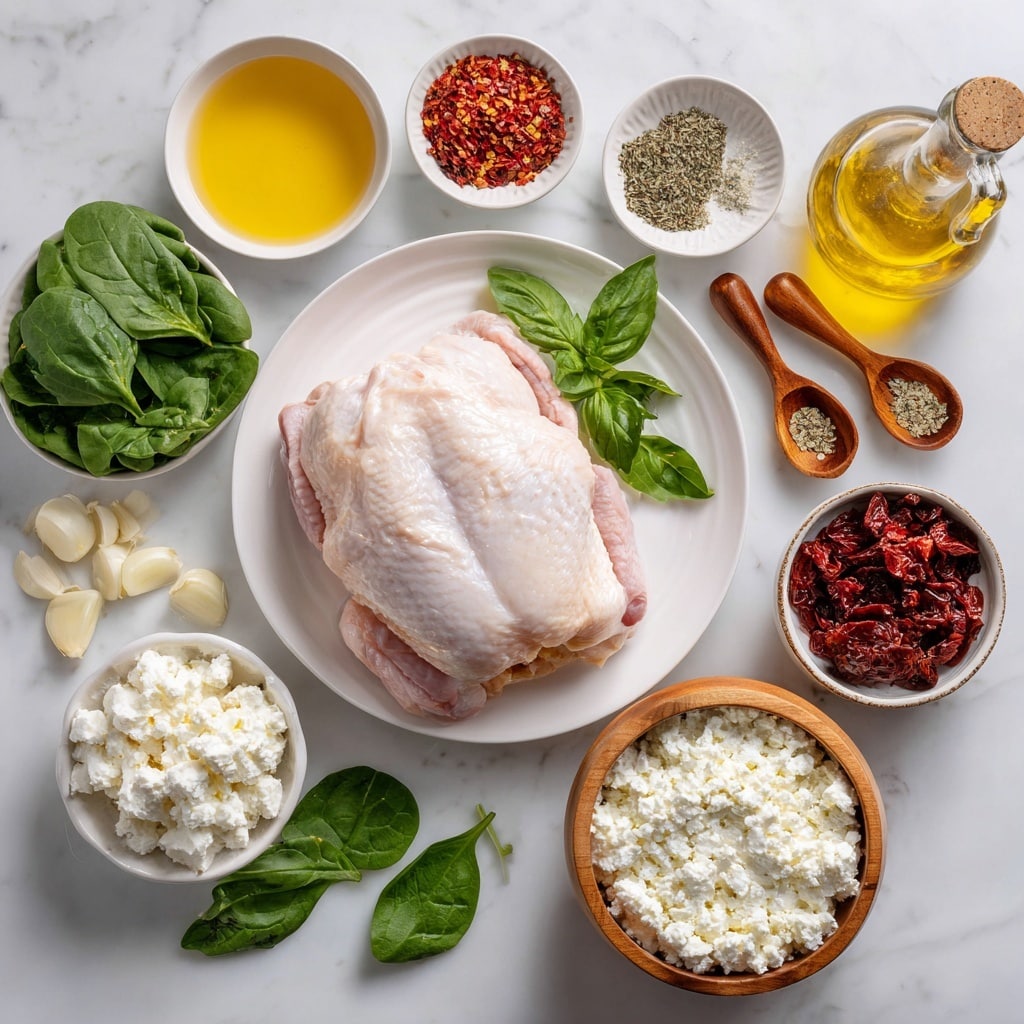 The image shows a large raw chicken piece centered on a white plate set on a white marbled surface. Surrounding it are small white bowls containing various ingredients: light yellow chicken broth on the top left, red pepper flakes and dried oregano in small wooden spoons above, coarsely ground black pepper in a small white bowl near the top right, and golden olive oil in a clear glass bottle on the upper right corner. To the left of the main plate, there is fresh dark green basil and a small white bowl filled with white garlic pieces. Below that is another white bowl with creamy white cottage cheese. Center bottom shows a wooden container with white salt inside. To the right of the plate are more ingredients: a small white bowl with light-colored parmesan cheese, a small bowl with dark red sun-dried tomatoes, and fresh bright green spinach leaves scattered around. The setup is clean and bright, with each item labelled with clear black text. Photo taken with an iphone --ar 4:5 --v 7