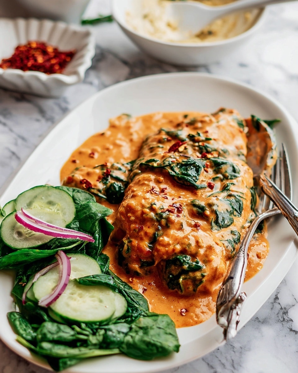 The dish is presented on a white oval plate with three main parts. The largest part is a thick piece of food covered in a creamy orange sauce with visible green spinach leaves mixed in, and some small bits of red seasoning sprinkled on top and in the sauce. To the left, there is a side of fresh green spinach leaves topped with thin slices of cucumber and rings of red onion, arranged neatly. A silver fork rests on the right side of the plate, partly touching the sauce. In the blurred background, there are two white dishes, one with a light creamy spread and a spoon, and another with small red dried flakes. All is placed on a white marbled surface photo taken with an iphone --ar 4:5 --v 7