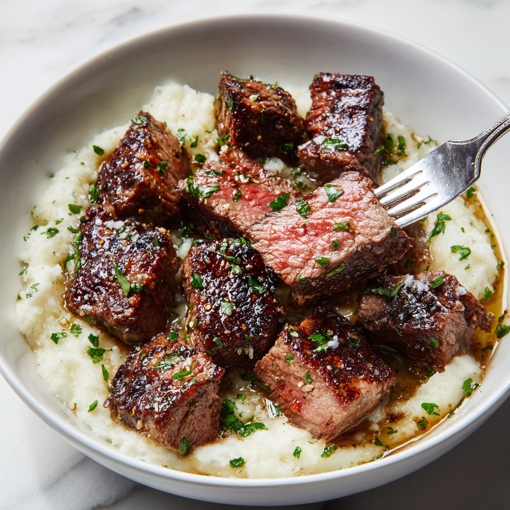 In a white bowl on a white marbled surface, there are many pieces of cooked steak with a brown, slightly charred outside and a pink inside, sprinkled with small green herb bits. One piece of steak is held by a silver fork, showing its pink middle clearly. In the background, there is a soft, creamy pale layer of mashed potatoes that fills the back of the bowl. The colors are warm and fresh, with the brown meat contrasting against the light potatoes and bright green herbs. photo taken with an iphone --ar 4:5 --v 7