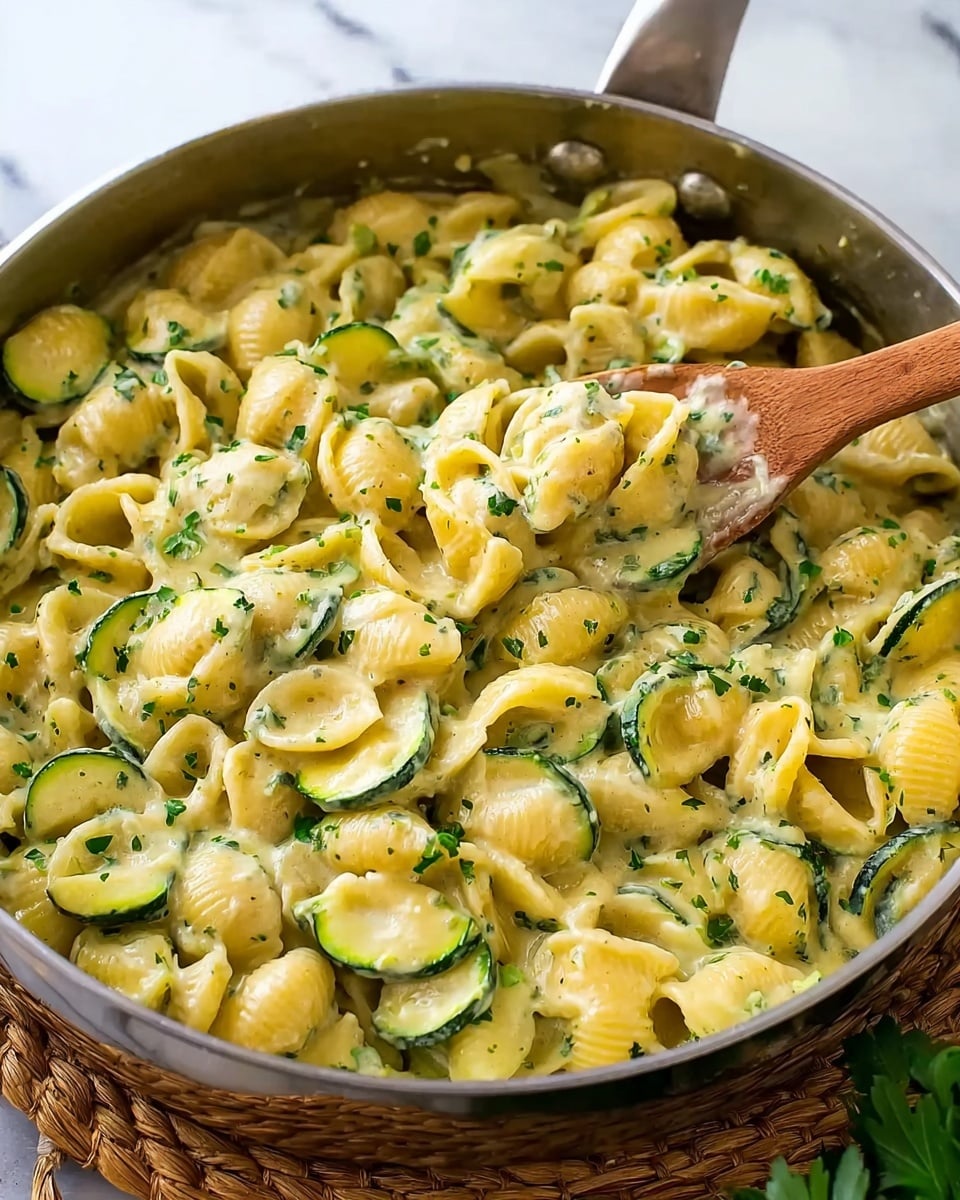 The image shows a metal skillet filled with creamy shell pasta mixed with thinly sliced green zucchini. The pasta is coated evenly in a light yellow sauce with visible small green herb pieces scattered throughout. A wooden spoon is stirring the pasta, lifting some shells, showing the sauce's smooth and slightly thick texture. The skillet sits on a woven mat, and the background is a white marbled surface. Photo taken with an iphone --ar 4:5 --v 7